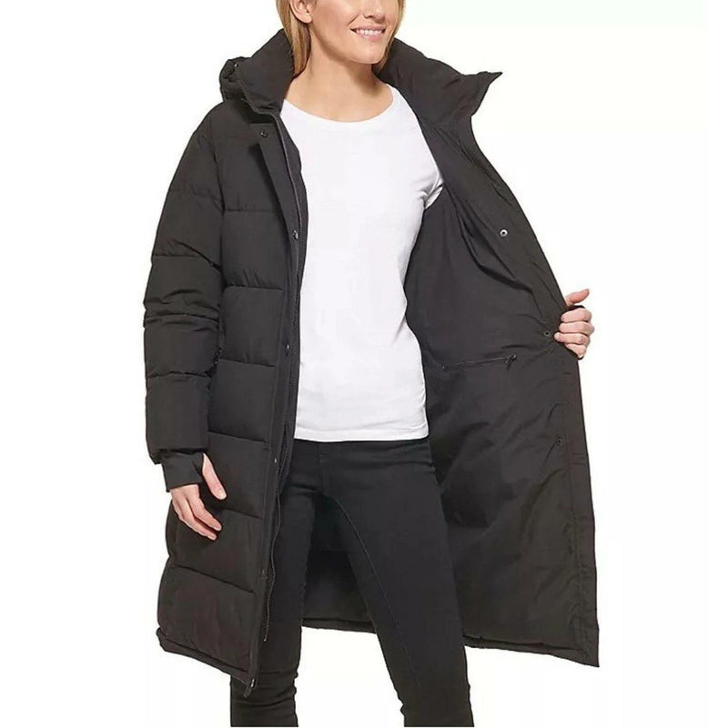 DKNY Women's Long Puffer Detachable Hooded Wind Resistant Jacket