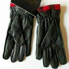 Stewart of Scotland Full Grain Leather Gloves Plaid Fleece Lined Black