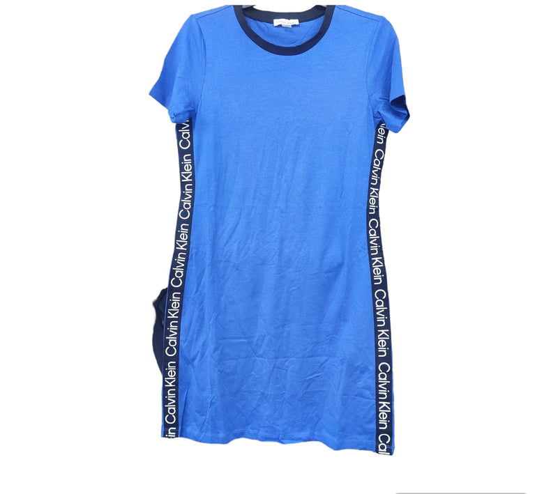 Calvin Klein tee shirt dress blue with brand logo short sleeve scoop neck