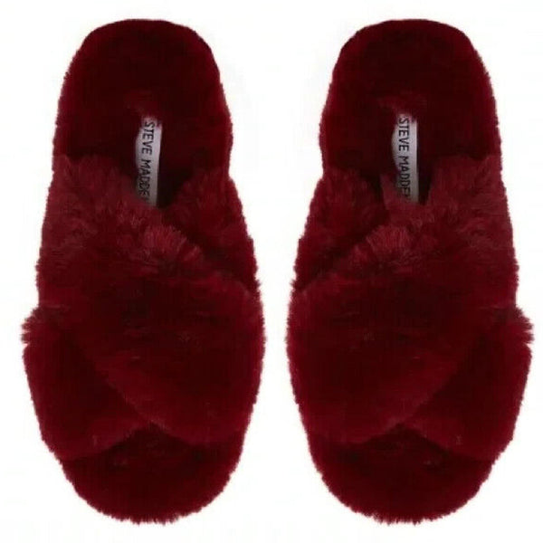 Steve Madden Faux Fur Fluffy Criss Cross Slip On Slippers Burgundy