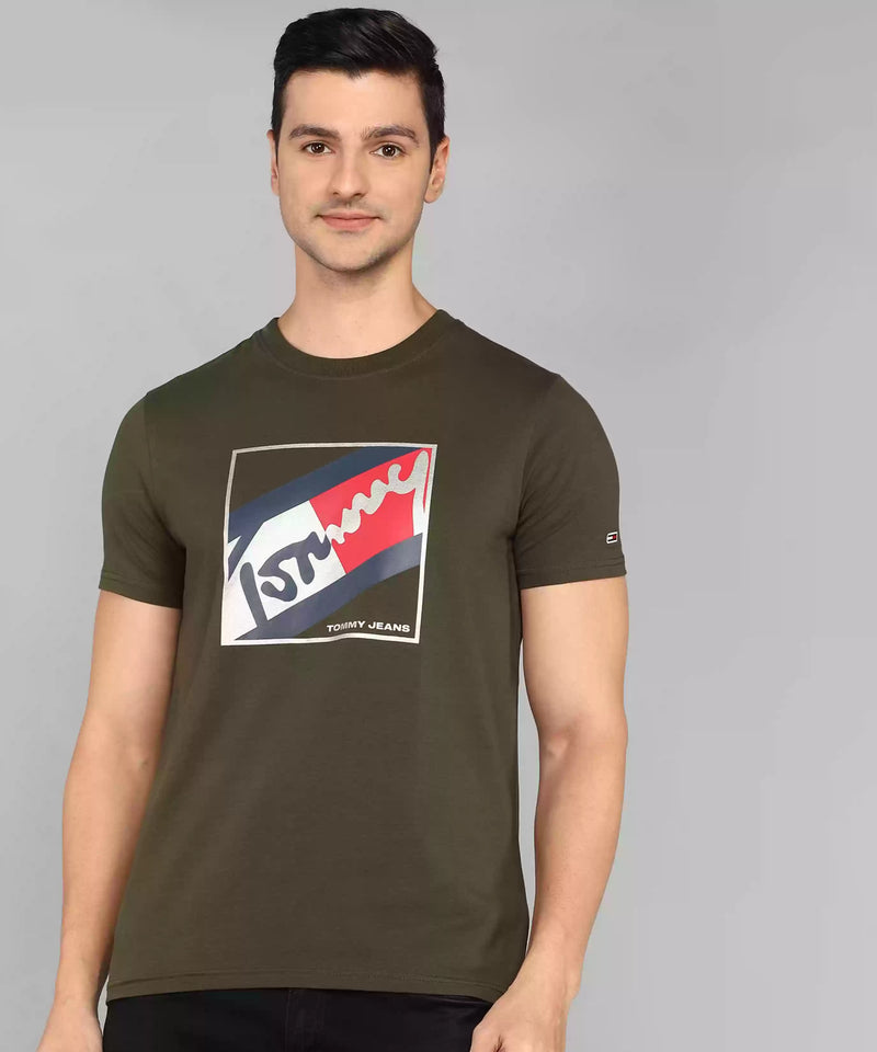 TOMMY HILFIGER Men Olive Metallic Branding Slim Fit T-Shirt OLIVE