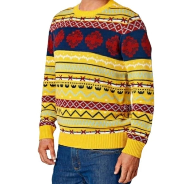 METHOD Maize Yellow Colorful Navy Blue Print Grandpa Sweater