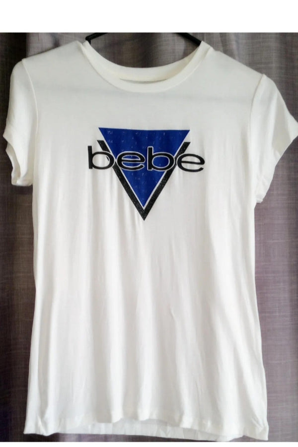 Bebe Short Sleeve White Shirt Women's Size Large Logo Cap Sleeve T-Shirt NWT