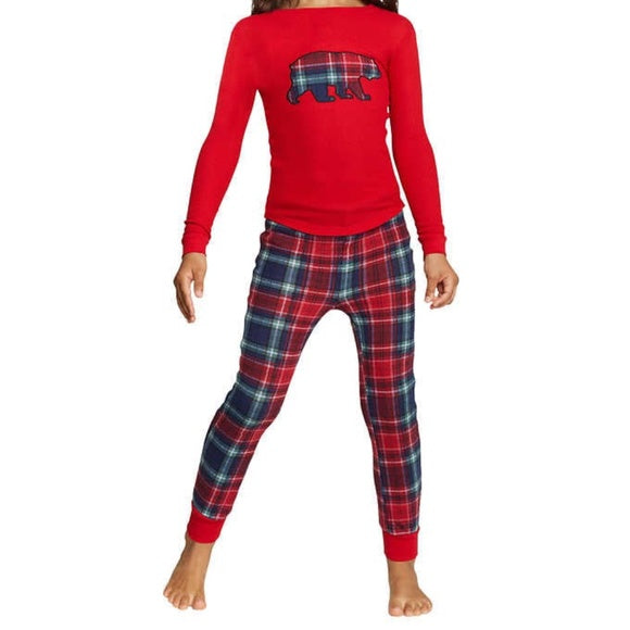 Eddie Bauer Unisex Red Plaid Bear Pajama Kids Set