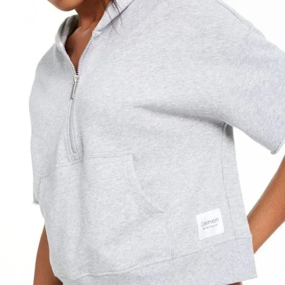 Calvin Klein Womens Pearl Grey Heather Quarter-Zip Cropped Hoodie