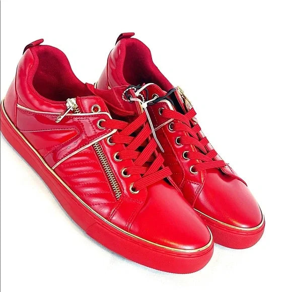 Guess Mens Mito Red Low Cut Sneakers with Gold Metallic Trim and Side Zipper