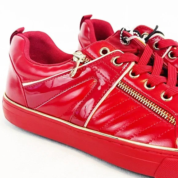 Guess Mens Mito Red Low Cut Sneakers with Gold Metallic Trim and Side Zipper