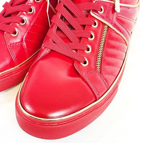 Guess Mens Mito Red Low Cut Sneakers with Gold Metallic Trim and Side Zipper