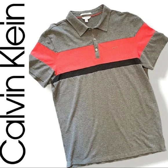 Men’s Calvin Klein Short Sleeve Gray Polo w/ a coral and black stripe L