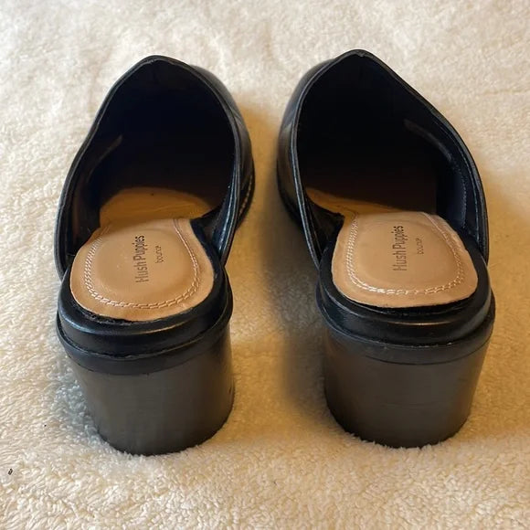 Hush Puppies Hannah Black Leather Mule Block Heels