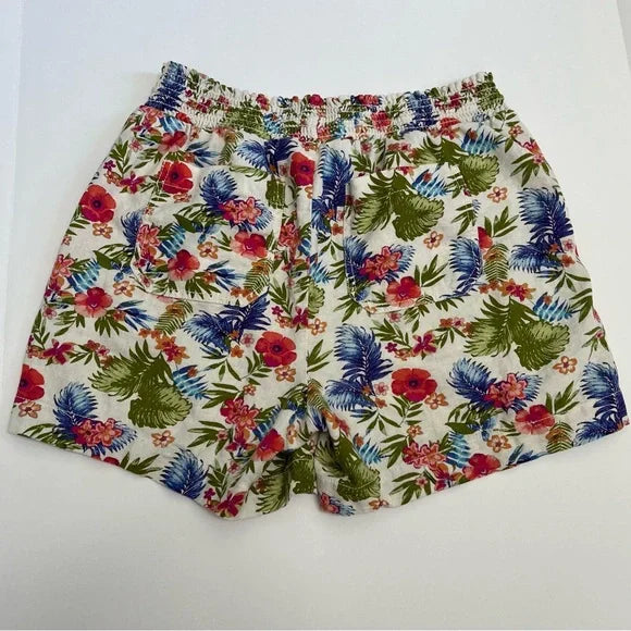 Briggs Shorts Medium Floral Linen Blend Drawstring Tassels Pull On Beach