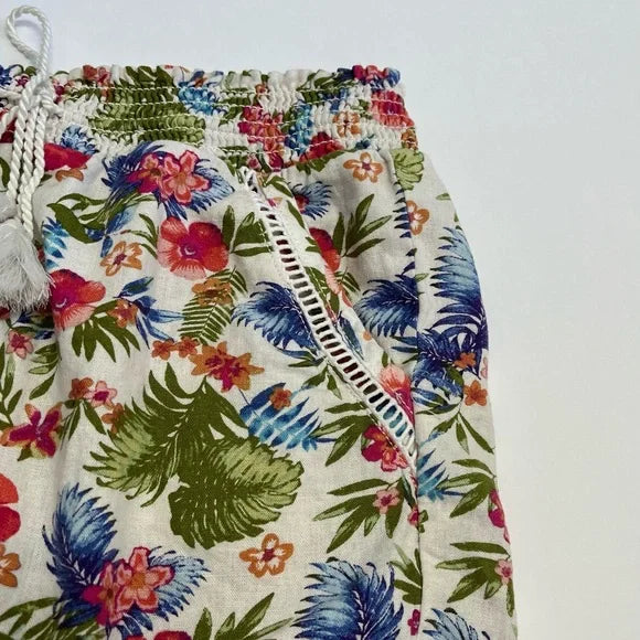 Briggs Shorts Medium Floral Linen Blend Drawstring Tassels Pull On Beach