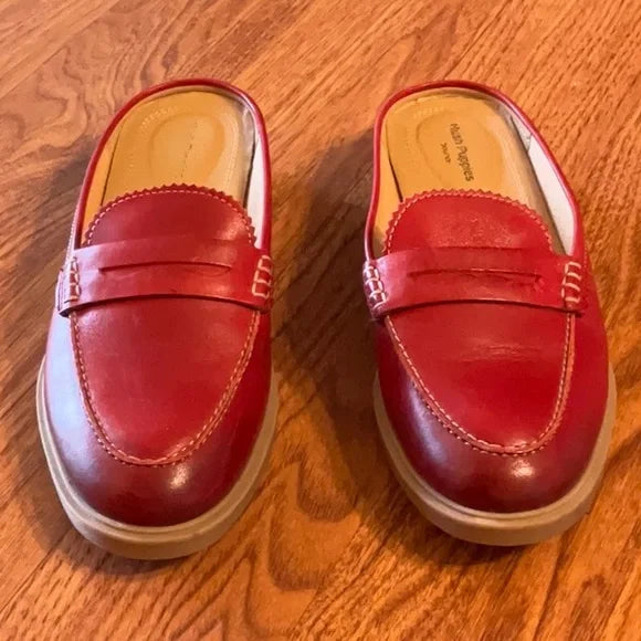 Hush Puppies bounce Red Leather Slip on Backless Shoes with Small Heel LNC
