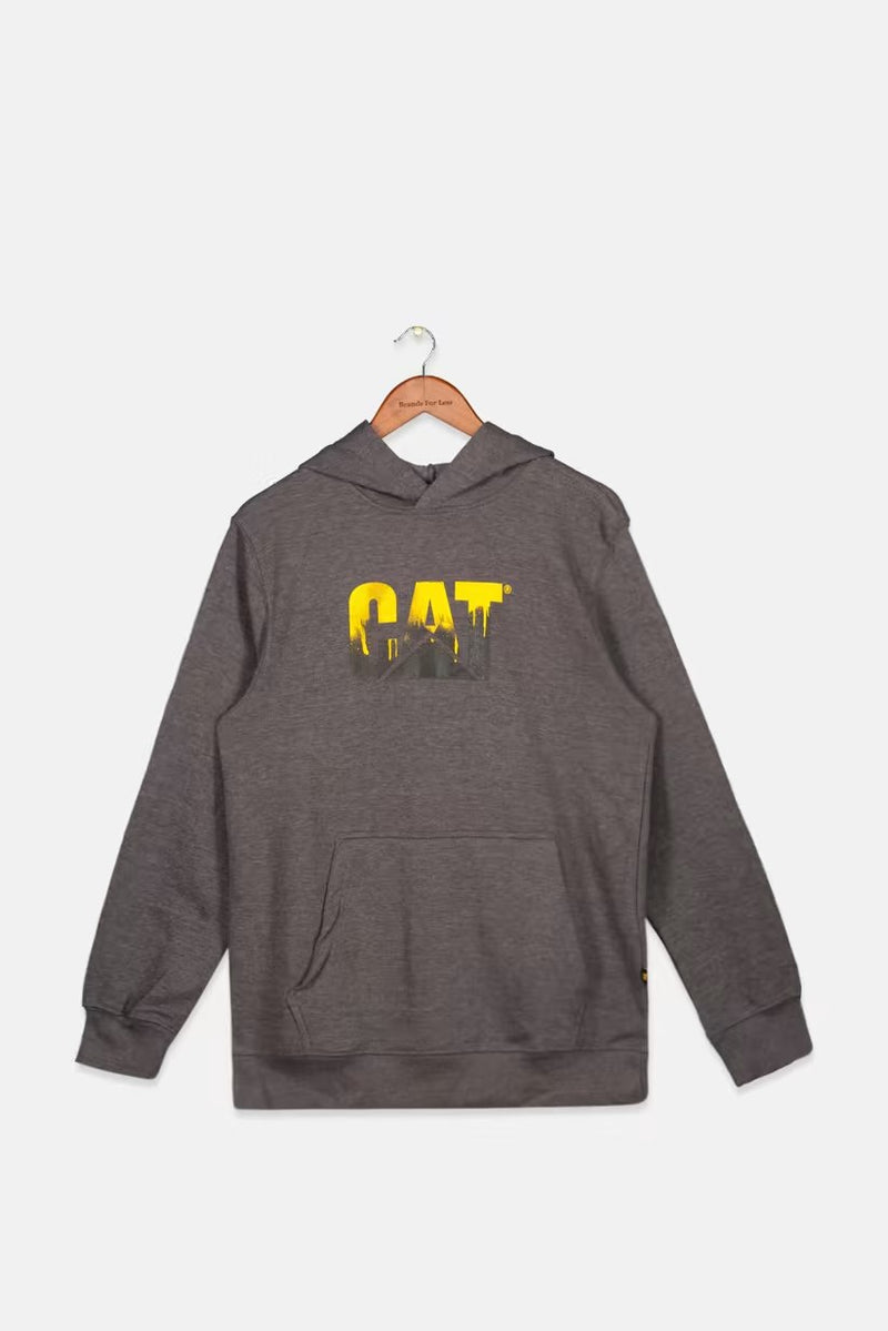 CAT Hooded Spray,Paint Logo Long Sleeve Sweatshirt, Dark Grey Heather