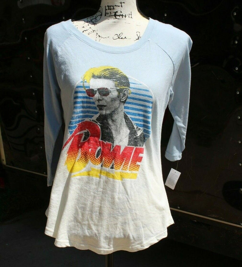 David Bowie T-Shirt Juniors Blue and White 3/4 Sleeve