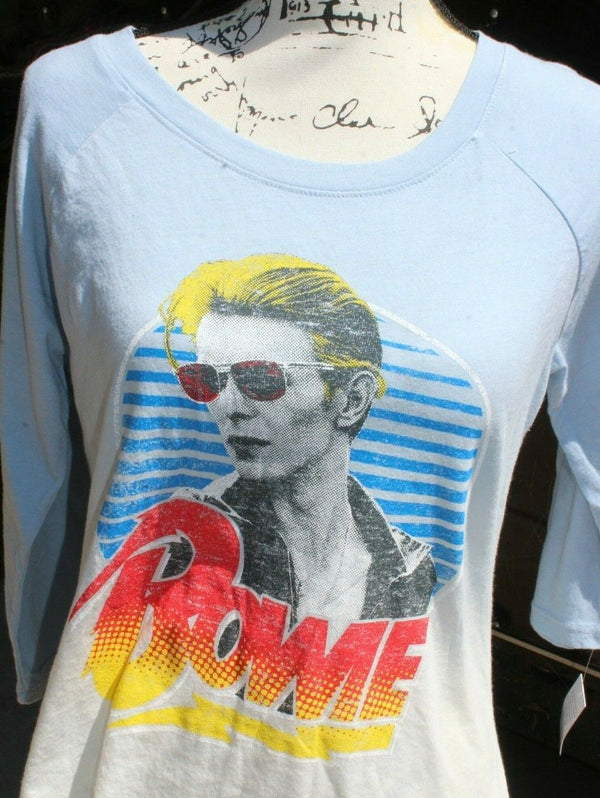 David Bowie T-Shirt Juniors Blue and White 3/4 Sleeve