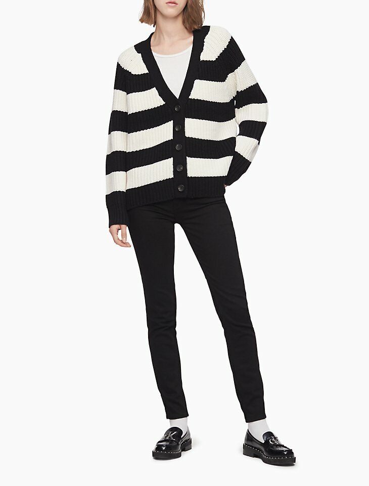 Calvin Klein Women's Striped Button-Front Boyfriend Cardigan , Black & White
