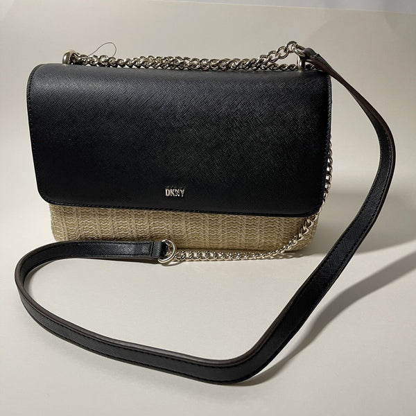 DKNY Sina MD Flap Leather/Straw Women's Black/Beige Logo Crossbody Bag