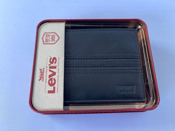 LEVI'S Men's Black Leather RFID BIFOLD ENW Wallet With Tin Gift Box