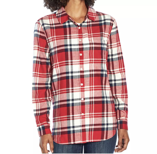 GAP Women's Soft Button Down Long Sleeve Boyfriend Flannel Shirt RED