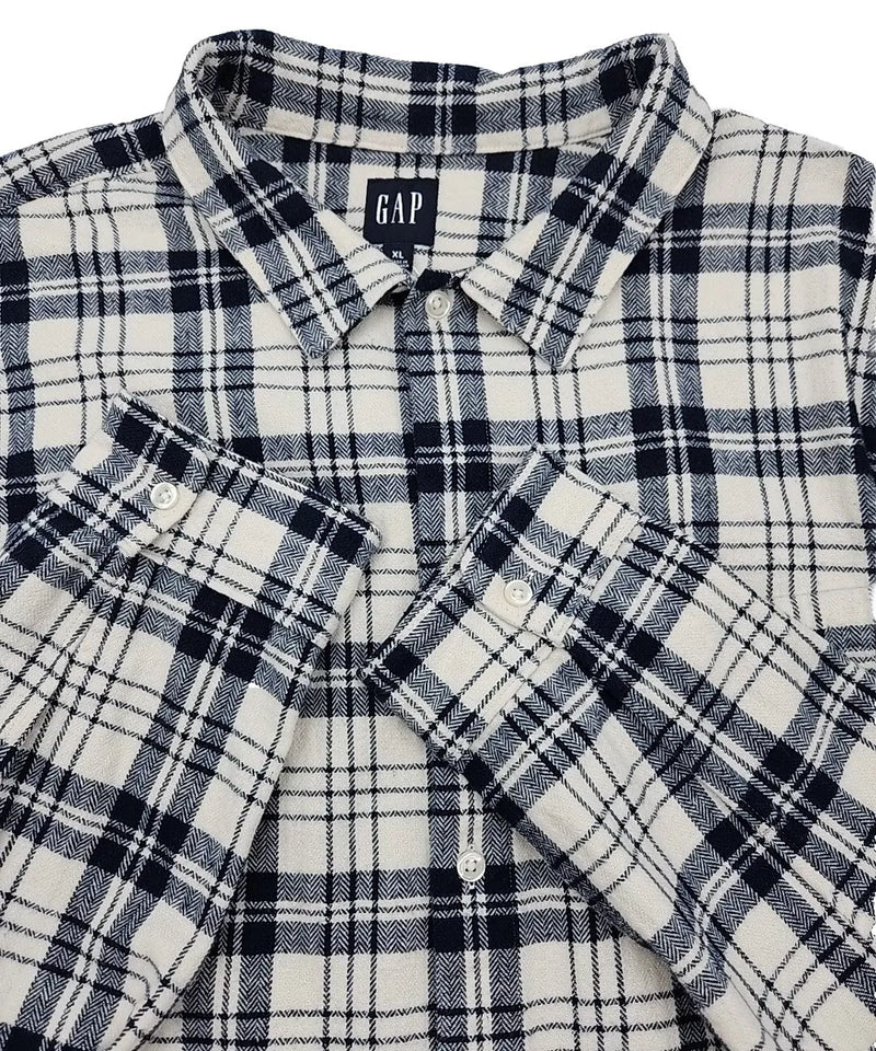 Gap Flannel Shirt White Button Herringbone Plaid Heavy Shacket WHITE/ BLUE