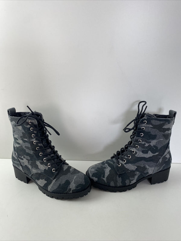 True Craft RAYLEE Gray Camo Fabric Lace Up/Zip Block Heel Hiking Boot