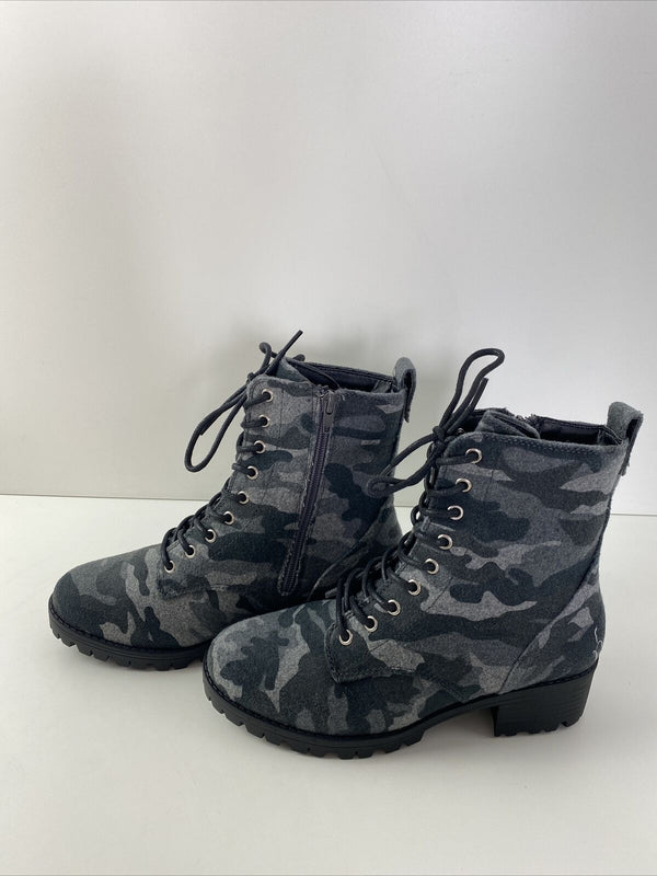 True Craft RAYLEE Gray Camo Fabric Lace Up/Zip Block Heel Hiking Boot