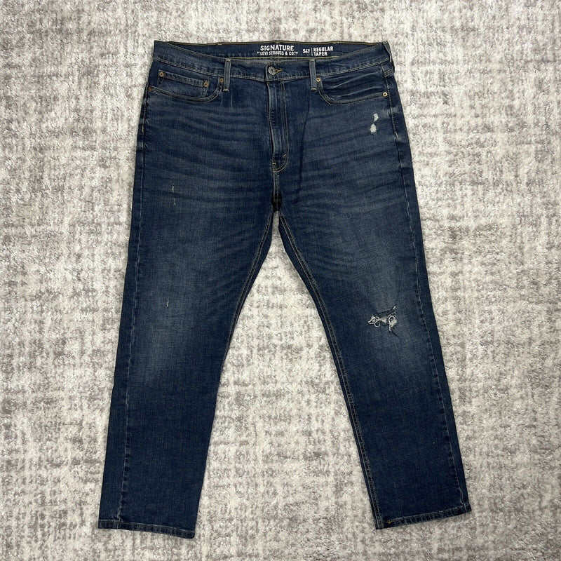 Levis Signature Jeans Men 40x30 Regular Taper S47 Dark Wash Faded Distressed