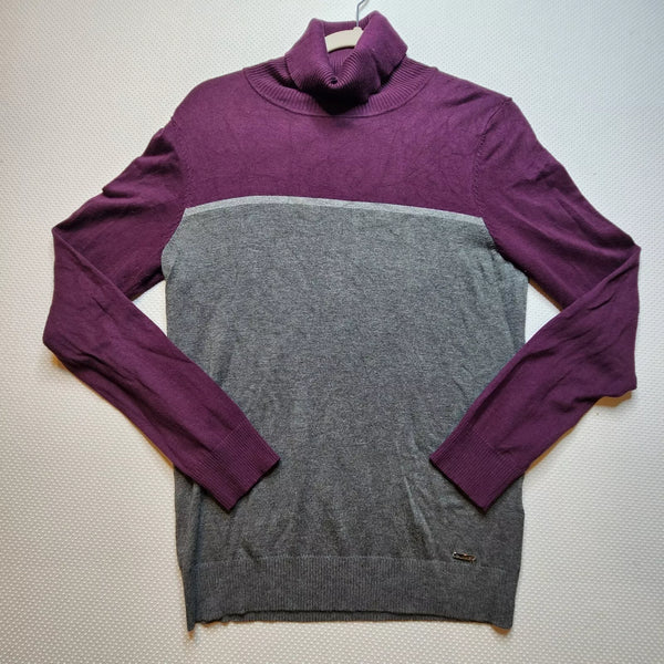 Calvin Klein Womens Turtleneck Sweater Grey Purple Colorblock Soft Logo