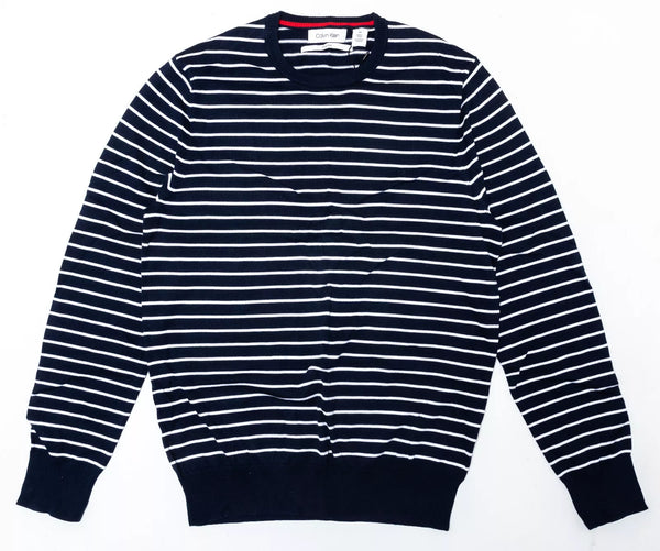 CALVIN KLEIN MENS CREW NECK SUPIMA COTTON STRIPE SWEATER ROYAL NAVY