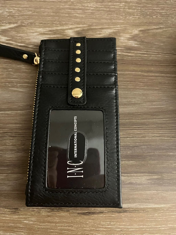 INC ID Credit Card Case Hazell Vegan-leather women's Slim zip wallet Black NWT