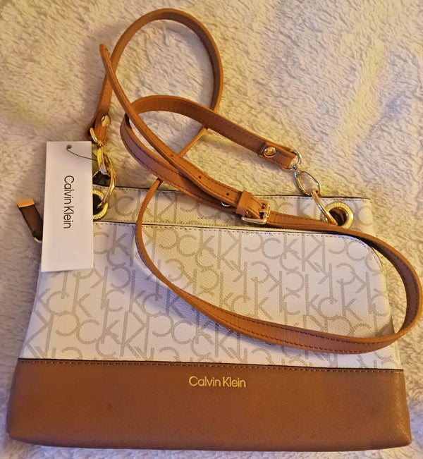 CALVIN KLEIN Women's CK Signature Crossbody BagPurse White Vanilla PVC Beige (CLEARANCE)