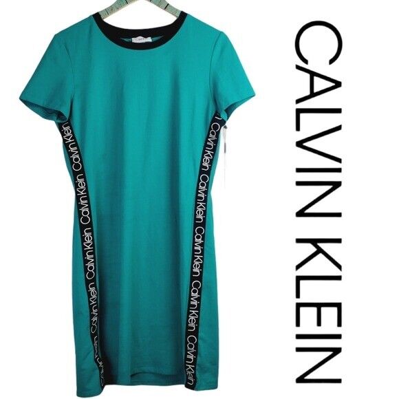 Calvin Klein tee shirt dress blue with brand logo short sleeve scoop neck