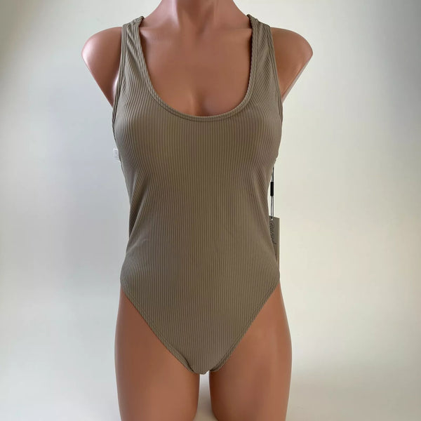 Calvin Klein Swimwear Women UPF50+ Ribbed One Piece Padded Swimsuit Taupe