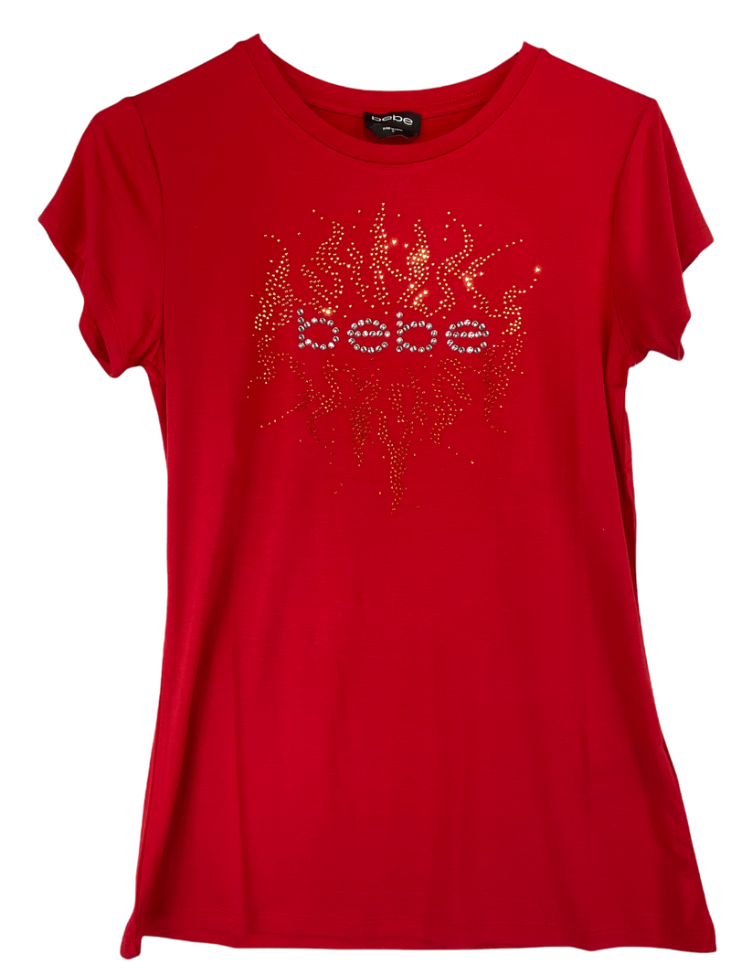 BEBE WOMEN'S SWAROVSKI CRYSTAL RHINESTONE LOGO BLUE TOP