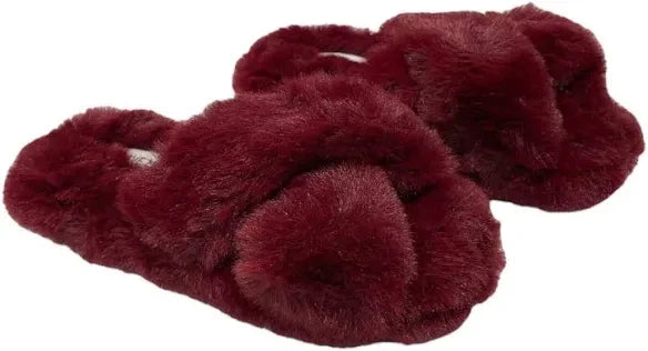 Steve Madden Faux Fur Fluffy Criss Cross Slip On Slippers Burgundy
