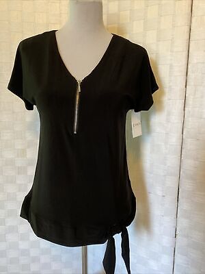 Chaus New York Women's  Black Stretch Knotted Waist 1/4 Zip Classy Top