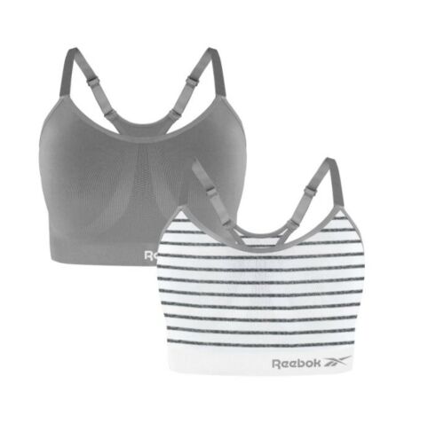 REEBOK LADIES 2 PACK SEAMLESS SPORTS BRA, WHITE STRIPED/GRAY