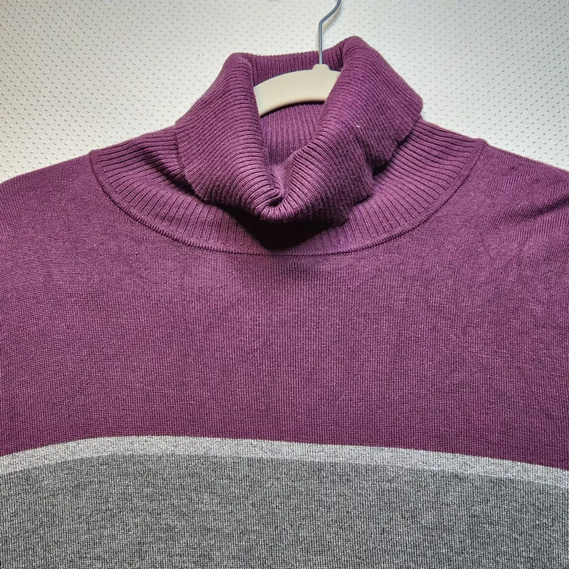 Calvin Klein Womens Turtleneck Sweater Grey Purple Colorblock Soft Logo