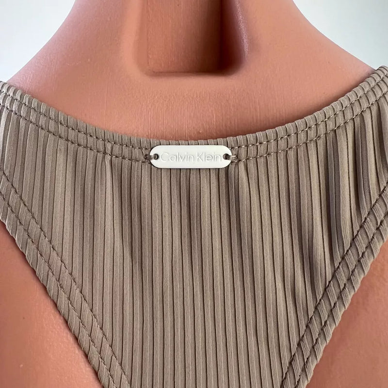 Calvin Klein Swimwear Women UPF50+ Ribbed One Piece Padded Swimsuit Taupe