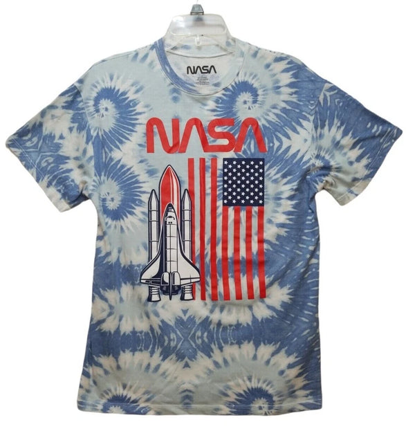 NASA Space Shuttle Blue Tie Dye T Shirt USA American Flag