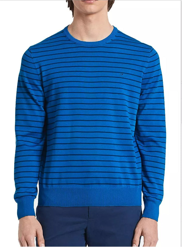 NEW MENS CALVIN KLEIN SUPIMA COTTON STRIPED BLUE PULLOVER SWEATER