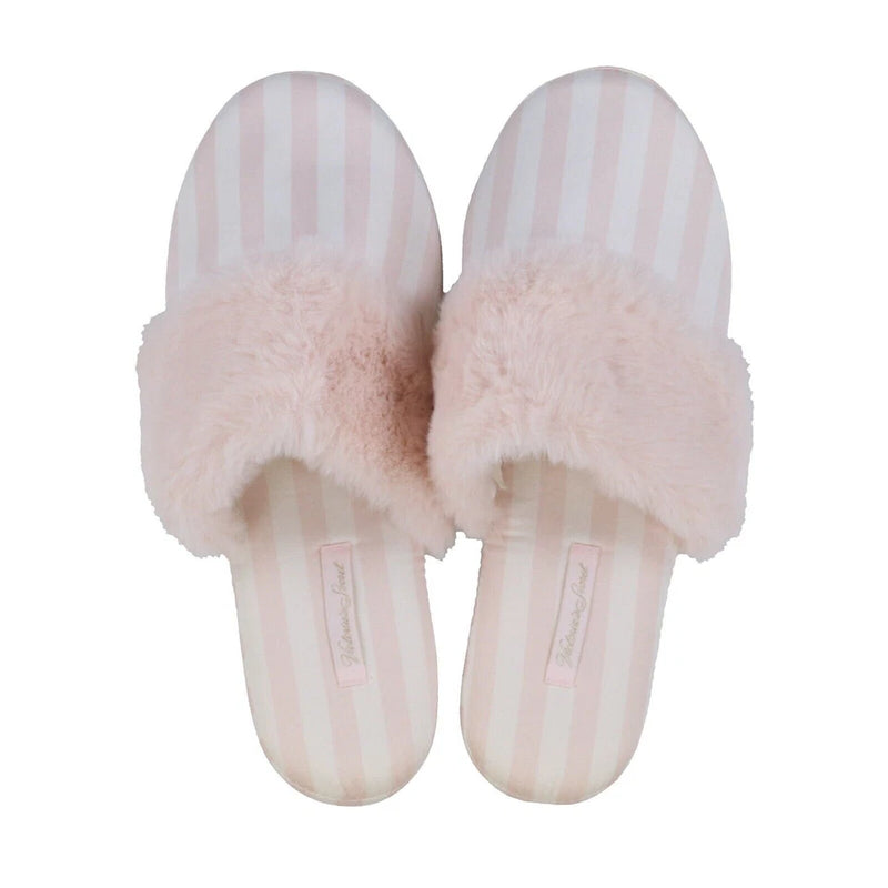VICTORIAS SECRET SIGNATURE SATIN FUR TRIM SLIPPERS DUST BAG PINK