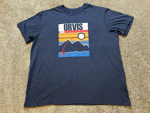 Orvis Shirt Mens Dark Blue 1856 Fly Fishing Mountains Graphic Logo SS Crew