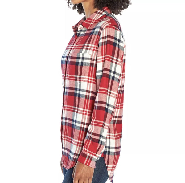 GAP Women's Soft Button Down Long Sleeve Boyfriend Flannel Shirt RED