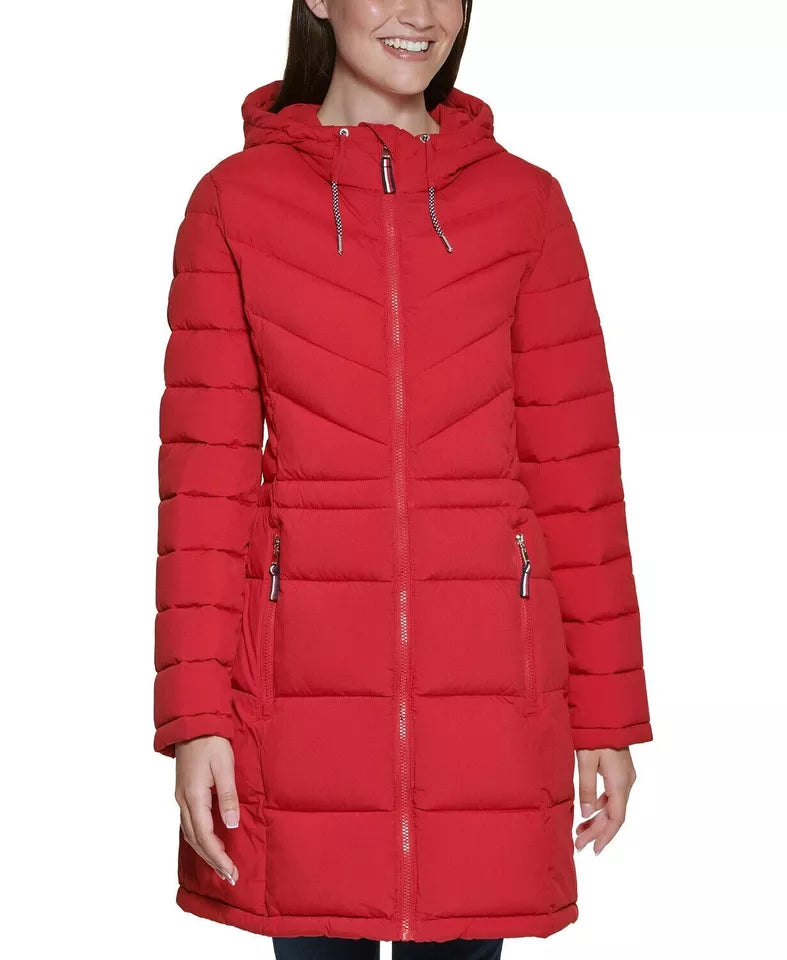 Tommy Hilfiger Women’s Red Belted Faux Fur Trim Hooded Puffer Coat