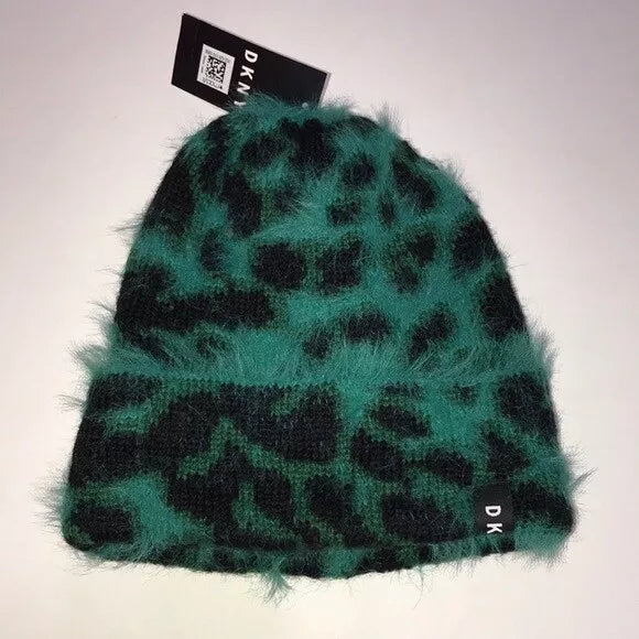 DKNY Fuzzy Animal Print Beanie Knit Hat Leopard Print