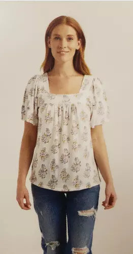 Lucky BRAND Cotton Stretch Square Neck Shirt Top Blouse Cream White