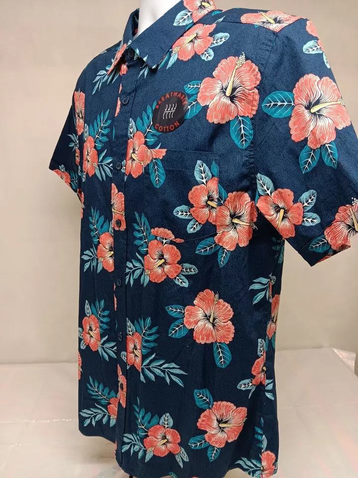 Haggar Mens Blue Red Hawaiian Tropical Short Sleeve Button Shirt