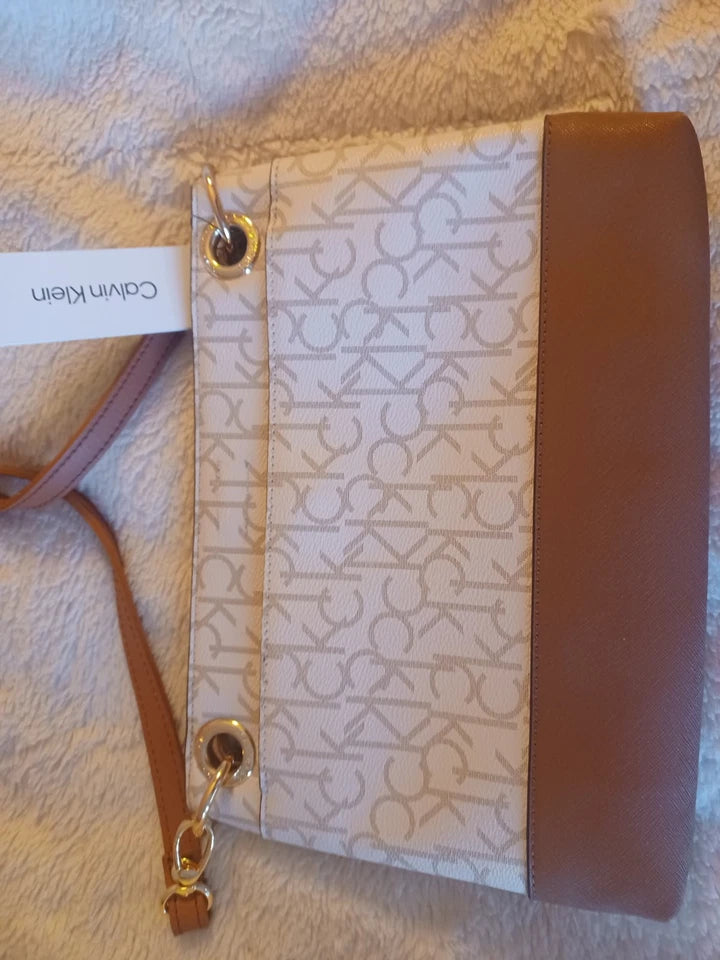 CALVIN KLEIN Women's CK Signature Crossbody BagPurse White Vanilla PVC Beige (CLEARANCE)